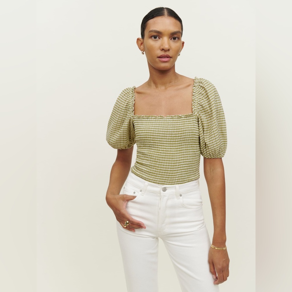 Reformation Marilyn smocked top  green check size xs